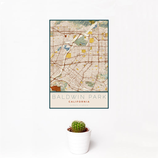 12x18 Baldwin Park California Map Print Portrait Orientation in Woodblock Style With Small Cactus Plant in White Planter