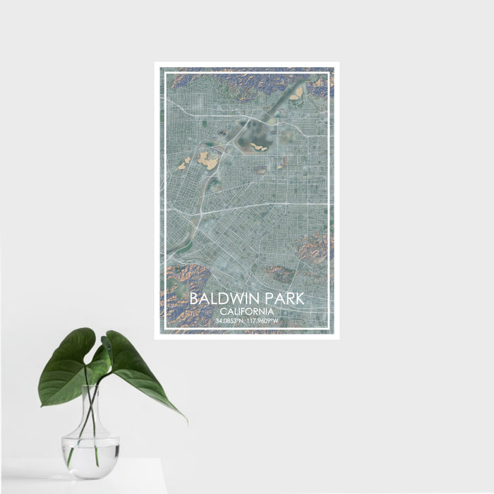 16x24 Baldwin Park California Map Print Portrait Orientation in Afternoon Style With Tropical Plant Leaves in Water