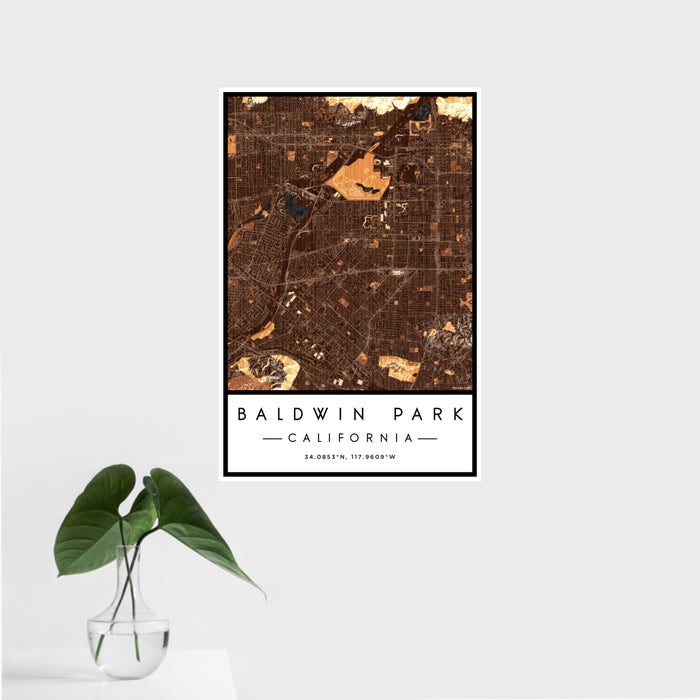 16x24 Baldwin Park California Map Print Portrait Orientation in Ember Style With Tropical Plant Leaves in Water