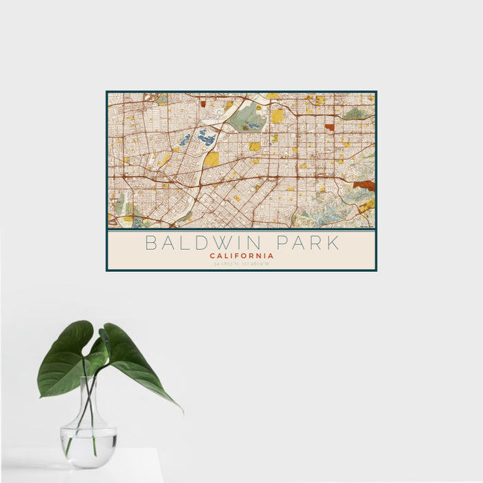16x24 Baldwin Park California Map Print Landscape Orientation in Woodblock Style With Tropical Plant Leaves in Water