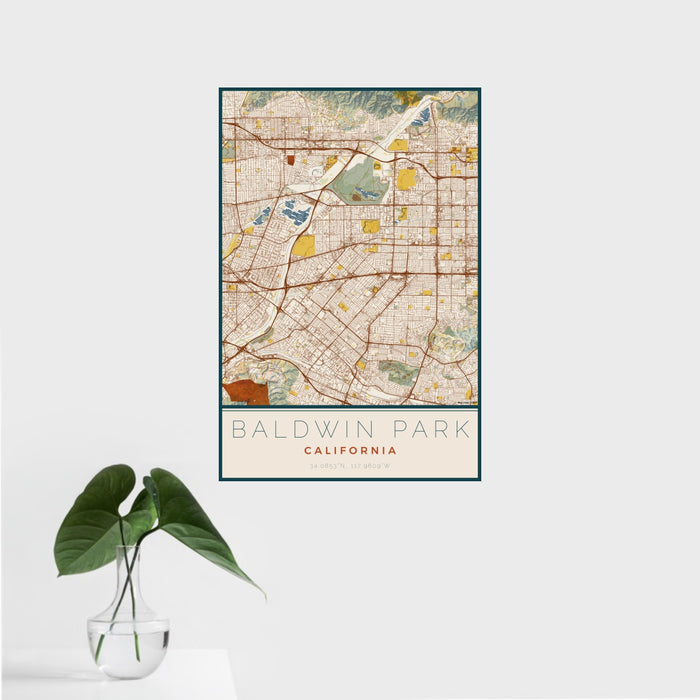 16x24 Baldwin Park California Map Print Portrait Orientation in Woodblock Style With Tropical Plant Leaves in Water