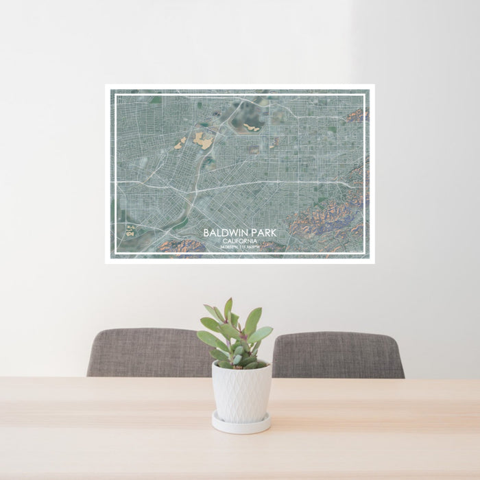 24x36 Baldwin Park California Map Print Lanscape Orientation in Afternoon Style Behind 2 Chairs Table and Potted Plant