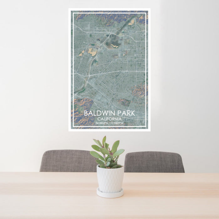 24x36 Baldwin Park California Map Print Portrait Orientation in Afternoon Style Behind 2 Chairs Table and Potted Plant