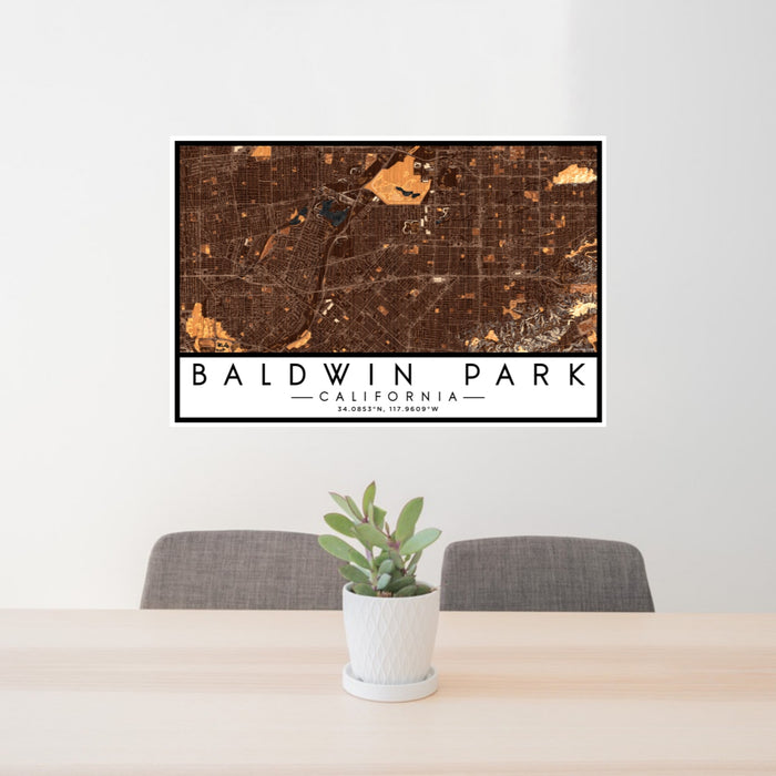 24x36 Baldwin Park California Map Print Lanscape Orientation in Ember Style Behind 2 Chairs Table and Potted Plant