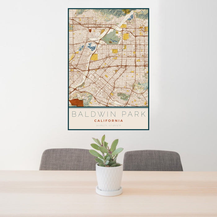 24x36 Baldwin Park California Map Print Portrait Orientation in Woodblock Style Behind 2 Chairs Table and Potted Plant
