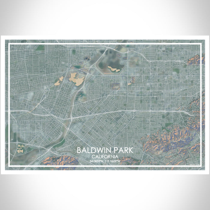 Baldwin Park California Map Print Landscape Orientation in Afternoon Style With Shaded Background
