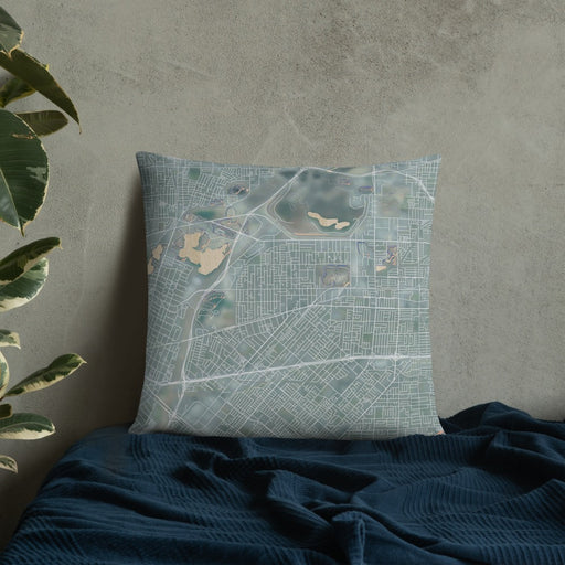 Custom Baldwin Park California Map Throw Pillow in Afternoon on Bedding Against Wall