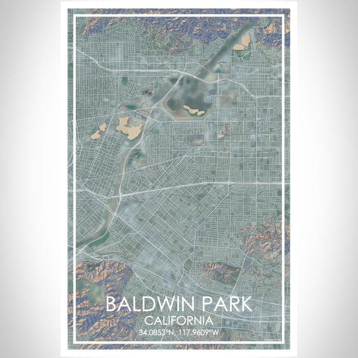 Baldwin Park California Map Print Portrait Orientation in Afternoon Style With Shaded Background