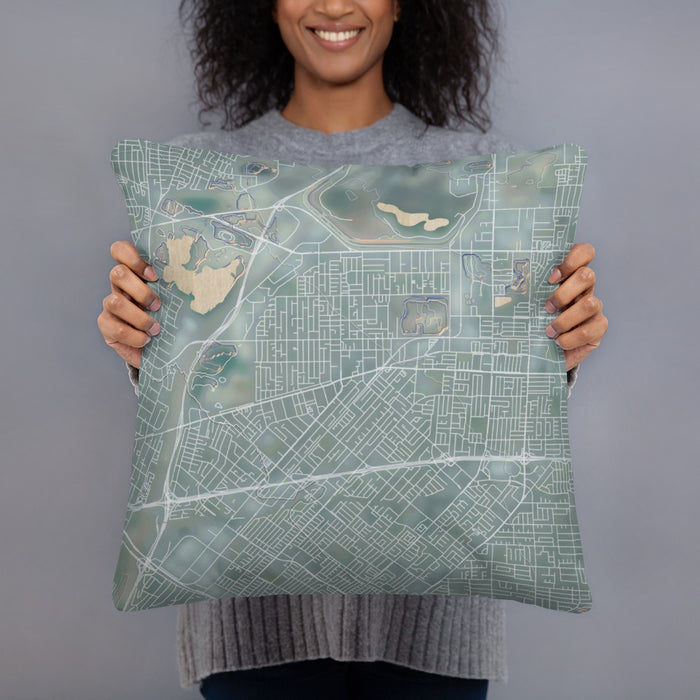 Person holding 18x18 Custom Baldwin Park California Map Throw Pillow in Afternoon