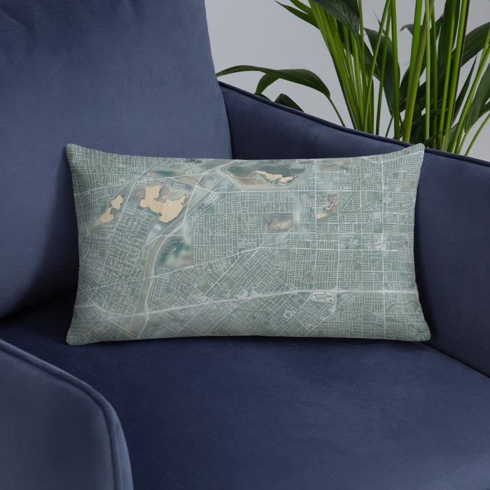 Custom Baldwin Park California Map Throw Pillow in Afternoon on Blue Colored Chair