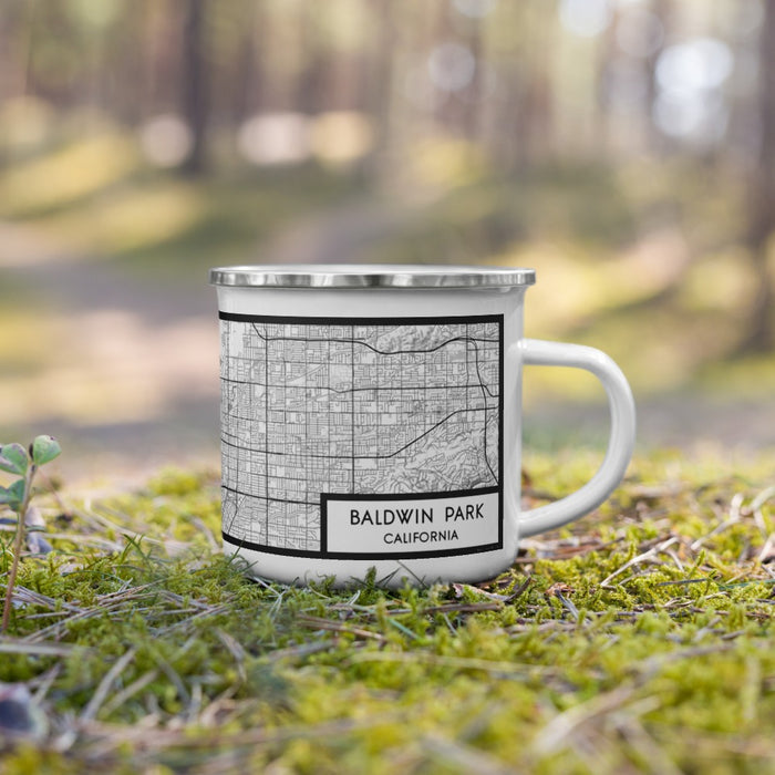 Right View Custom Baldwin Park California Map Enamel Mug in Classic on Grass With Trees in Background