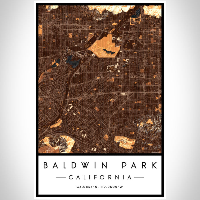 Baldwin Park California Map Print Portrait Orientation in Ember Style With Shaded Background