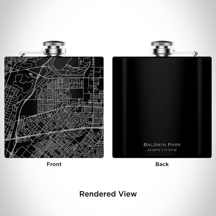 Rendered View of Baldwin Park California Map Engraving on 6oz Stainless Steel Flask in Black