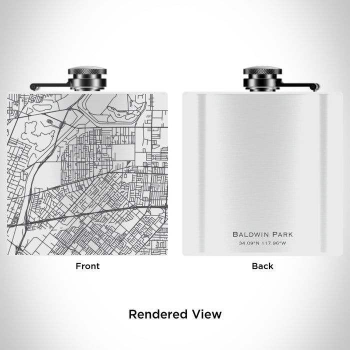 Rendered View of Baldwin Park California Map Engraving on 6oz Stainless Steel Flask in White