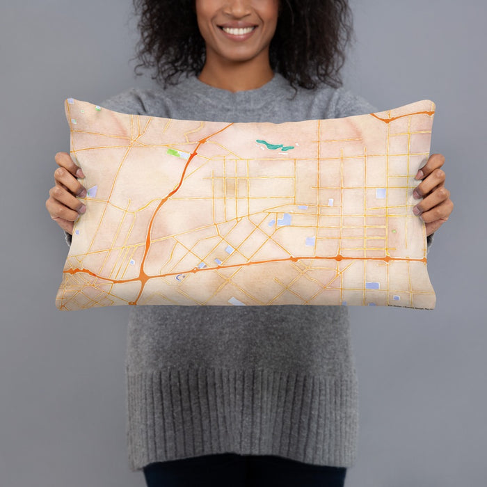 Person holding 20x12 Custom Baldwin Park California Map Throw Pillow in Watercolor
