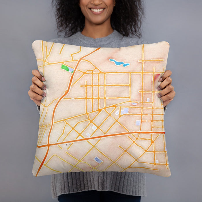 Person holding 18x18 Custom Baldwin Park California Map Throw Pillow in Watercolor