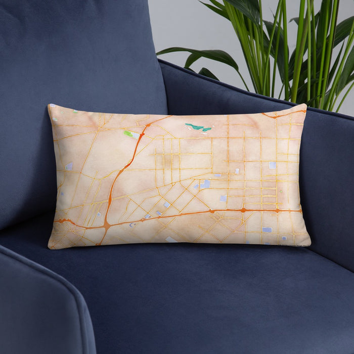 Custom Baldwin Park California Map Throw Pillow in Watercolor on Blue Colored Chair