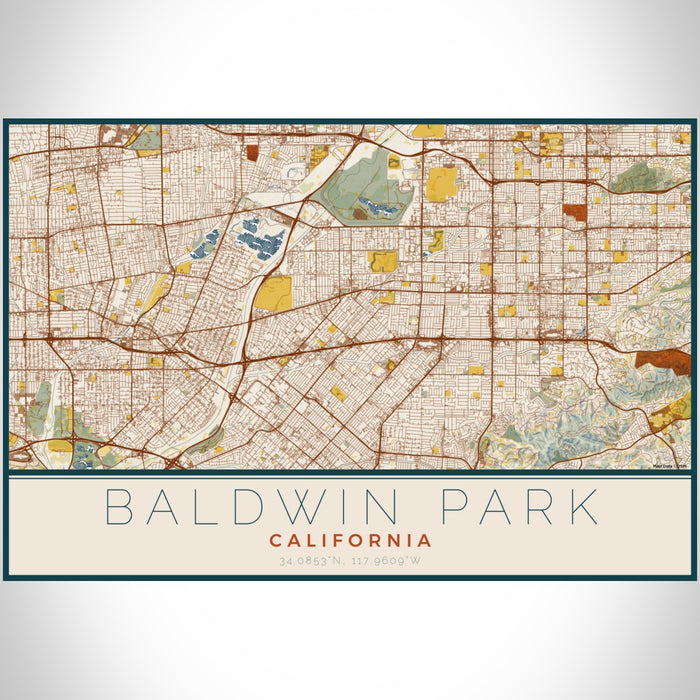 Baldwin Park California Map Print Landscape Orientation in Woodblock Style With Shaded Background