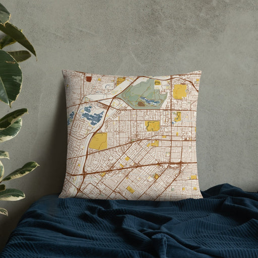 Custom Baldwin Park California Map Throw Pillow in Woodblock on Bedding Against Wall