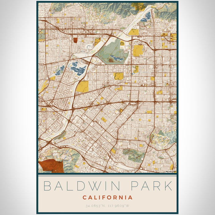 Baldwin Park California Map Print Portrait Orientation in Woodblock Style With Shaded Background