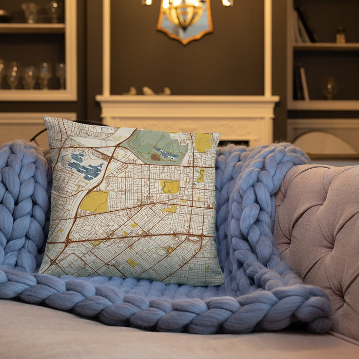 Custom Baldwin Park California Map Throw Pillow in Woodblock on Cream Colored Couch