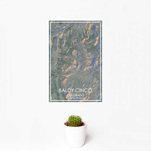 12x18 Baldy Cinco Colorado Map Print Portrait Orientation in Afternoon Style With Small Cactus Plant in White Planter