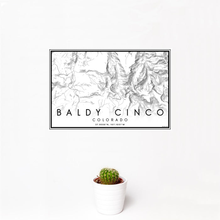 12x18 Baldy Cinco Colorado Map Print Landscape Orientation in Classic Style With Small Cactus Plant in White Planter