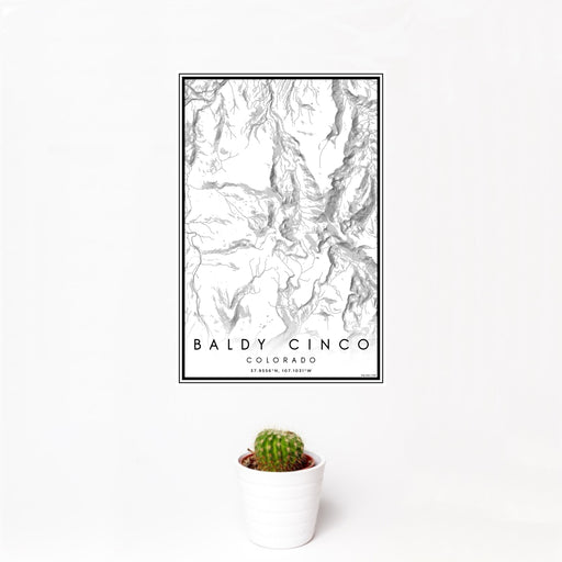 12x18 Baldy Cinco Colorado Map Print Portrait Orientation in Classic Style With Small Cactus Plant in White Planter
