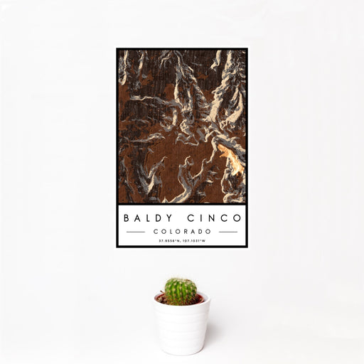 12x18 Baldy Cinco Colorado Map Print Portrait Orientation in Ember Style With Small Cactus Plant in White Planter