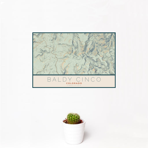 12x18 Baldy Cinco Colorado Map Print Landscape Orientation in Woodblock Style With Small Cactus Plant in White Planter