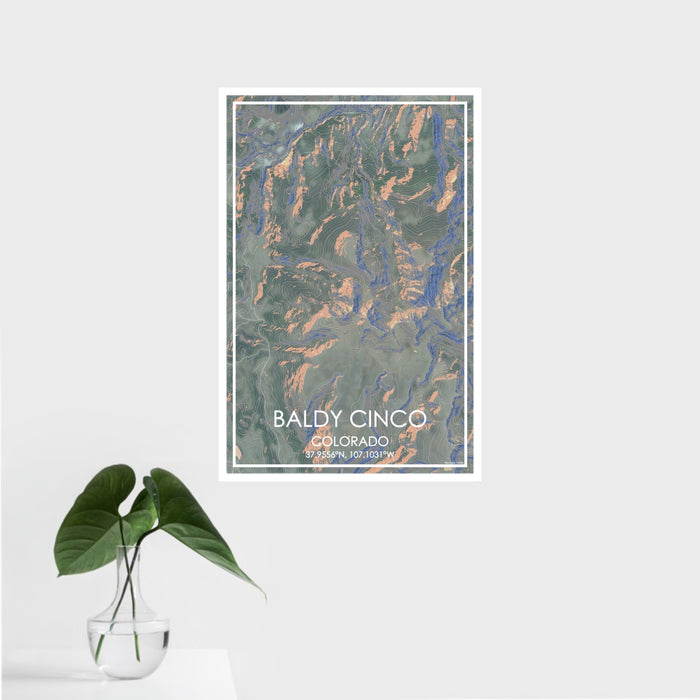 16x24 Baldy Cinco Colorado Map Print Portrait Orientation in Afternoon Style With Tropical Plant Leaves in Water