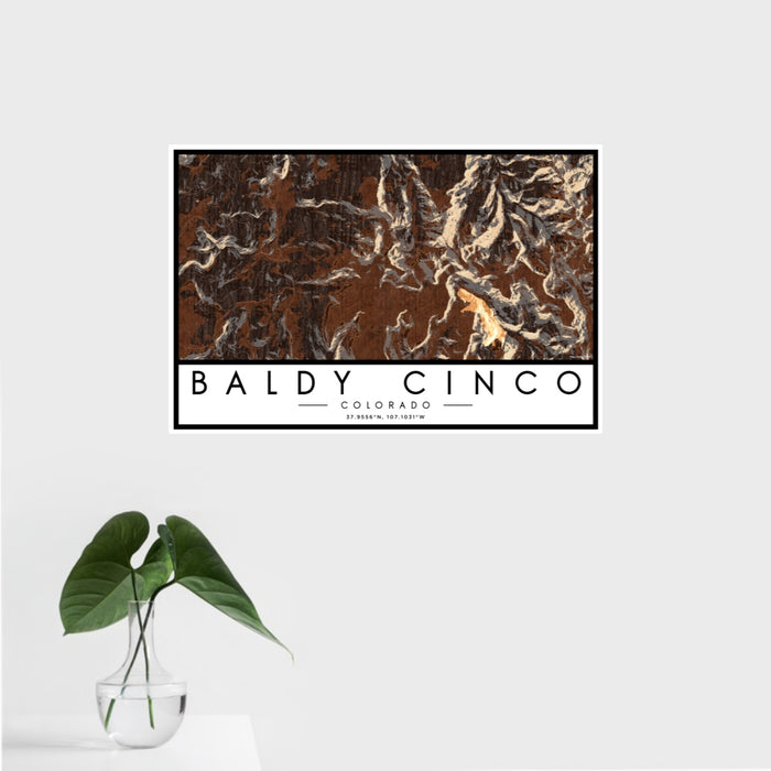 16x24 Baldy Cinco Colorado Map Print Landscape Orientation in Ember Style With Tropical Plant Leaves in Water