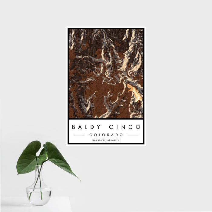 16x24 Baldy Cinco Colorado Map Print Portrait Orientation in Ember Style With Tropical Plant Leaves in Water