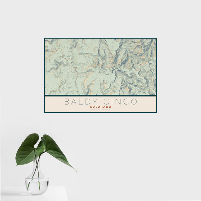 16x24 Baldy Cinco Colorado Map Print Landscape Orientation in Woodblock Style With Tropical Plant Leaves in Water