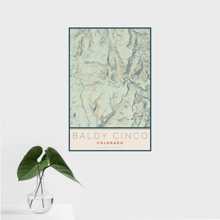 16x24 Baldy Cinco Colorado Map Print Portrait Orientation in Woodblock Style With Tropical Plant Leaves in Water