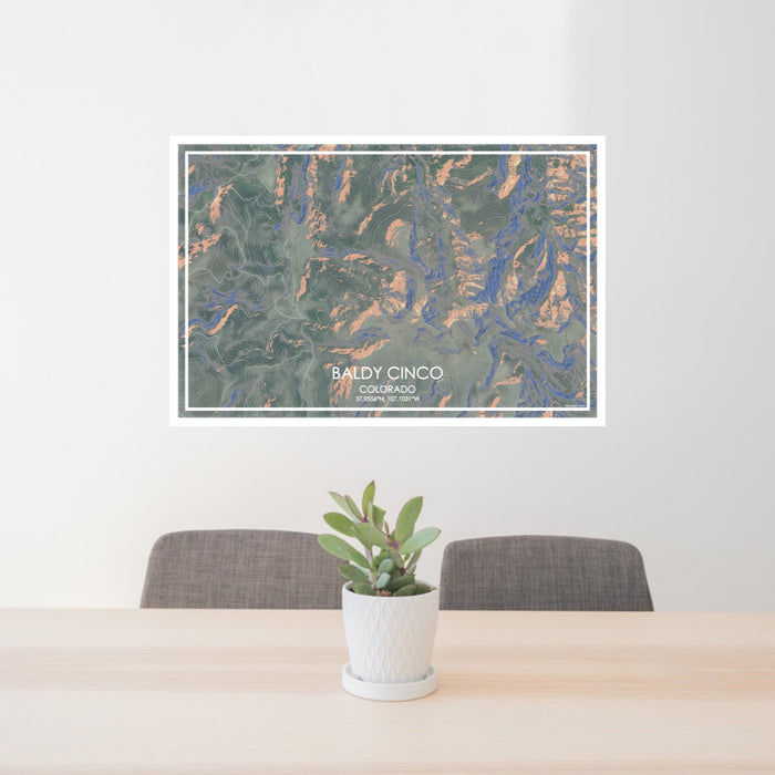 24x36 Baldy Cinco Colorado Map Print Lanscape Orientation in Afternoon Style Behind 2 Chairs Table and Potted Plant