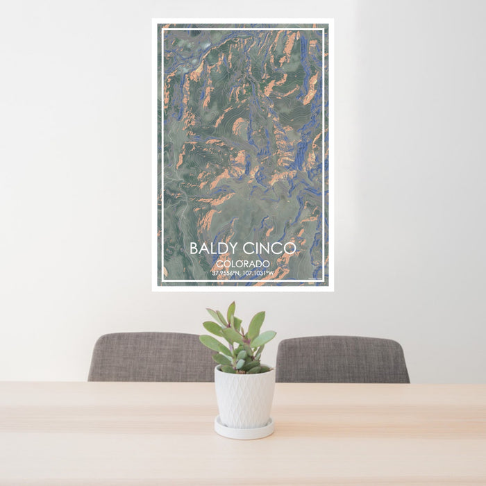 24x36 Baldy Cinco Colorado Map Print Portrait Orientation in Afternoon Style Behind 2 Chairs Table and Potted Plant