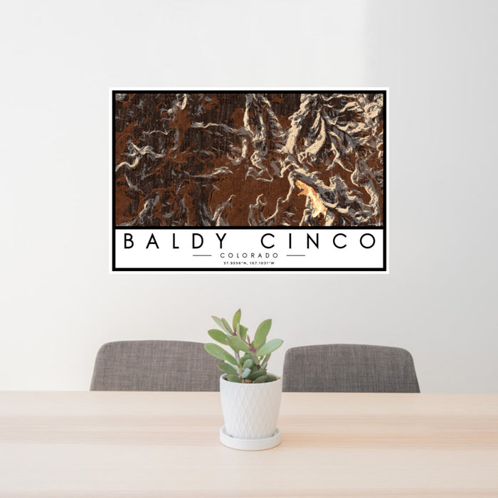 24x36 Baldy Cinco Colorado Map Print Lanscape Orientation in Ember Style Behind 2 Chairs Table and Potted Plant