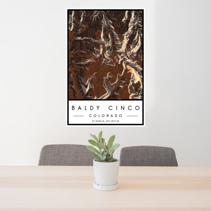 24x36 Baldy Cinco Colorado Map Print Portrait Orientation in Ember Style Behind 2 Chairs Table and Potted Plant