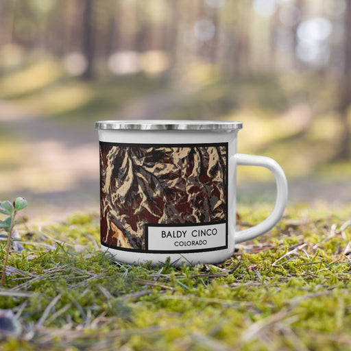 Right View Custom Baldy Cinco Colorado Map Enamel Mug in Ember on Grass With Trees in Background