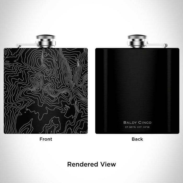 Rendered View of Baldy Cinco Colorado Map Engraving on 6oz Stainless Steel Flask in Black