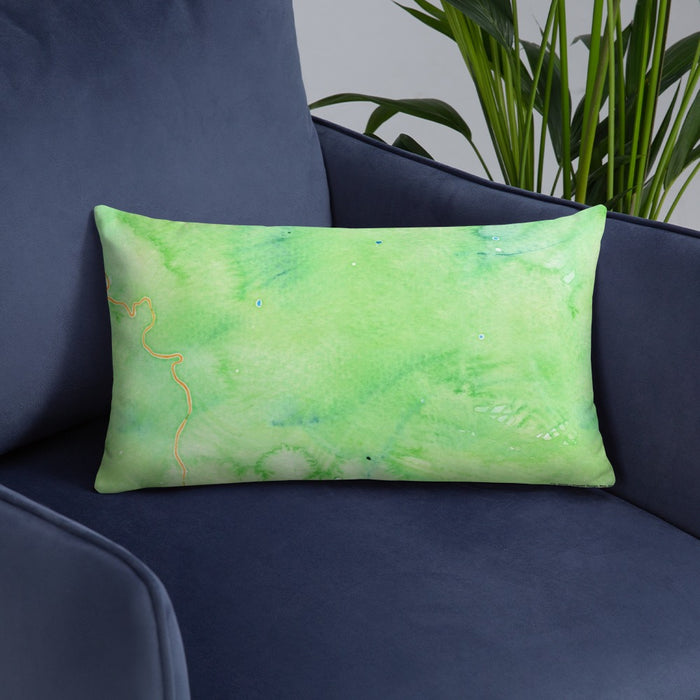 Custom Baldy Cinco Colorado Map Throw Pillow in Watercolor on Blue Colored Chair