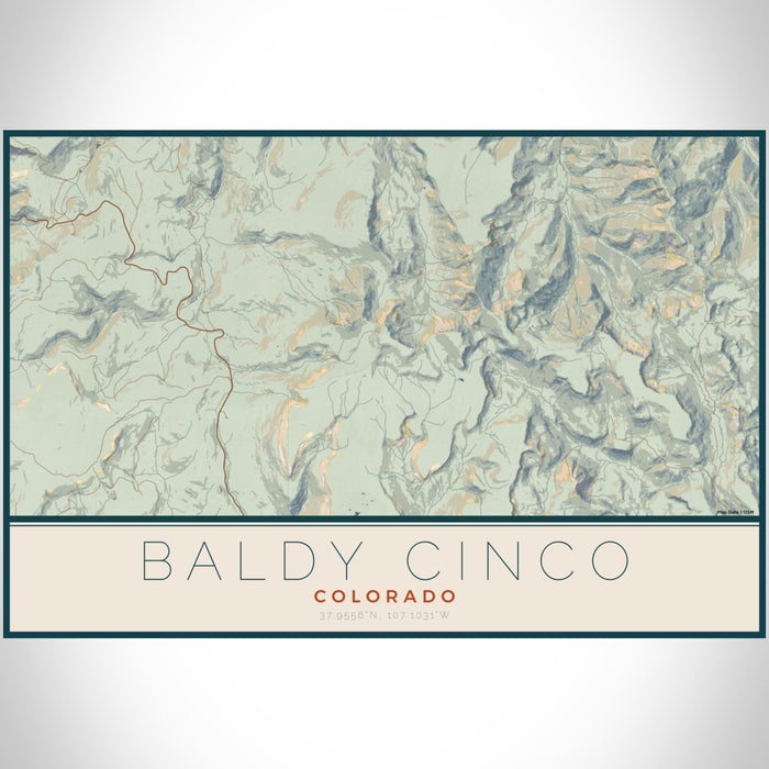 Baldy Cinco Colorado Map Print Landscape Orientation in Woodblock Style With Shaded Background