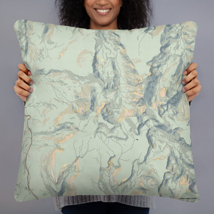Person holding 22x22 Custom Baldy Cinco Colorado Map Throw Pillow in Woodblock