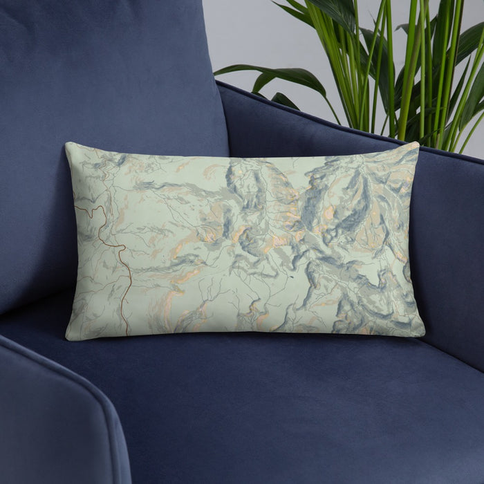 Custom Baldy Cinco Colorado Map Throw Pillow in Woodblock on Blue Colored Chair