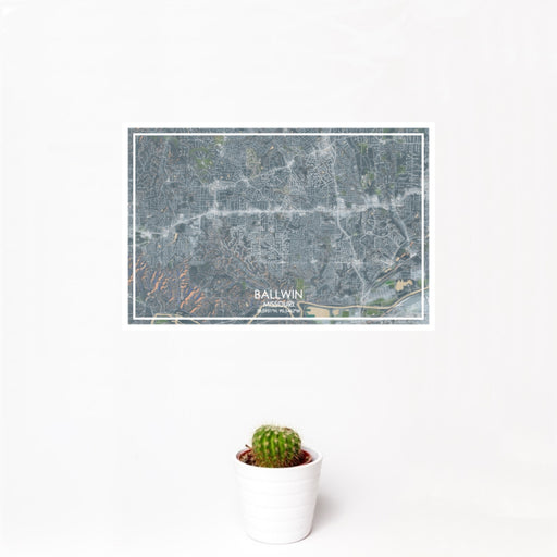 12x18 Ballwin Missouri Map Print Landscape Orientation in Afternoon Style With Small Cactus Plant in White Planter