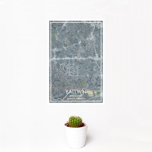 12x18 Ballwin Missouri Map Print Portrait Orientation in Afternoon Style With Small Cactus Plant in White Planter
