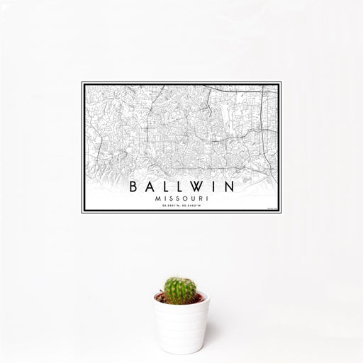 12x18 Ballwin Missouri Map Print Landscape Orientation in Classic Style With Small Cactus Plant in White Planter