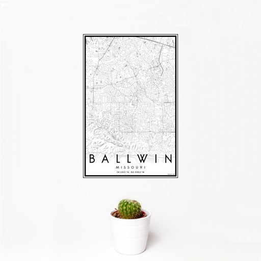 12x18 Ballwin Missouri Map Print Portrait Orientation in Classic Style With Small Cactus Plant in White Planter