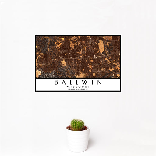 12x18 Ballwin Missouri Map Print Landscape Orientation in Ember Style With Small Cactus Plant in White Planter